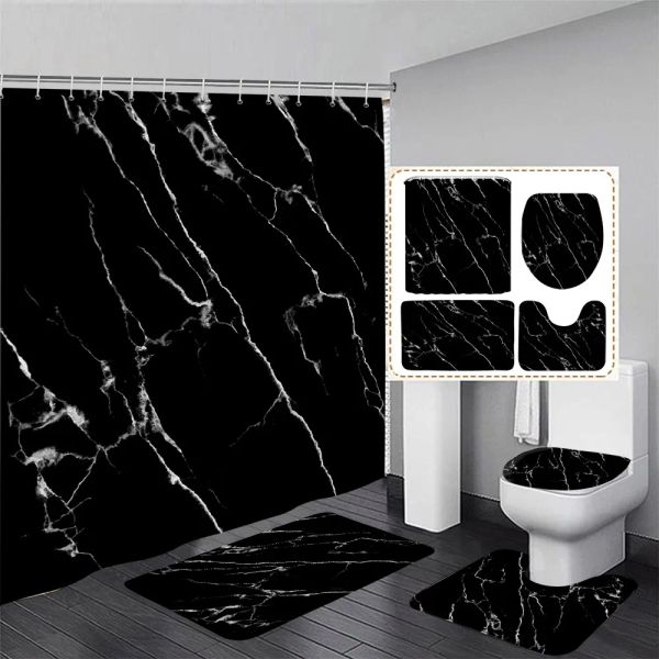 Vorhänge schwarzer Marmor Duschvorhang und Teppich Duschvorhang Set luxuriöse goldene strukturierte Kunsthänge Vorhang Toilettensitz Cover Badezimmerdekoration