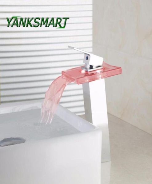 Banyo Lavabo muslukları Yanksmart LED Hafif Şelale Cam Krom Uzun 3 Renk Kare Güverte Montajlı Havza Musluk Torneira Mixer TAP8127659