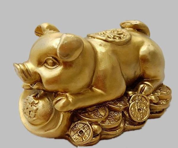 Chinesische gelbe Kupfer Schwein Status Feng Shui Bronze Messing Wechselkunsthandwerk Hochzeitsheim El Dekoration CR01594755542