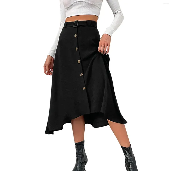 Юбки моды женщины нерегулярные юбки пуговицы вверх по расщеплению высокой талии уличная одежда Фалдас женщина черная плиссированная корейская большая большая линия