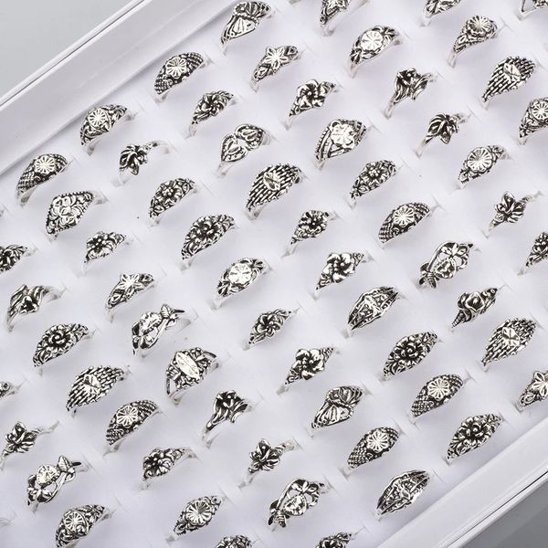Оболочные участки 50 шт. Античное серебряное многопрофликтное кольцо для женщин для женщин винтажные дамы цветочные мод