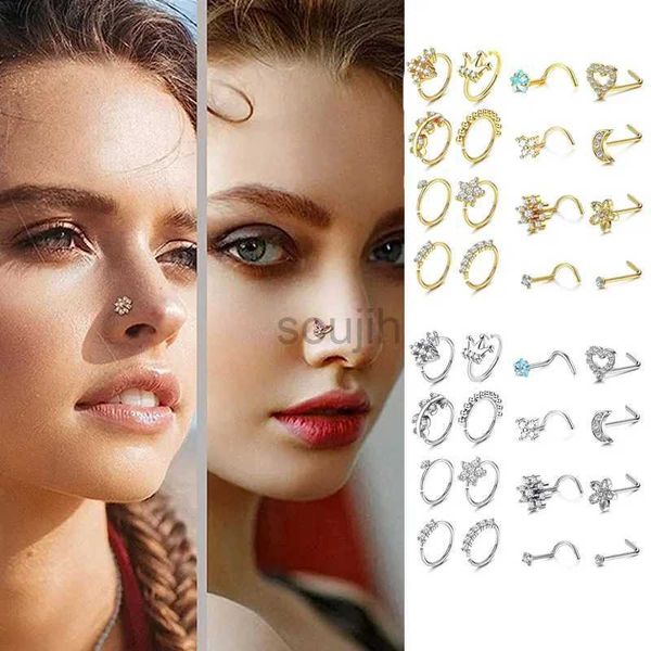 Body Arts 16pcs 20g Narizes ringos nariz ringos arco aço inoxidável cz anéis de nariz opala piercings jóias de argas de nariz vários estilo e cor d240503