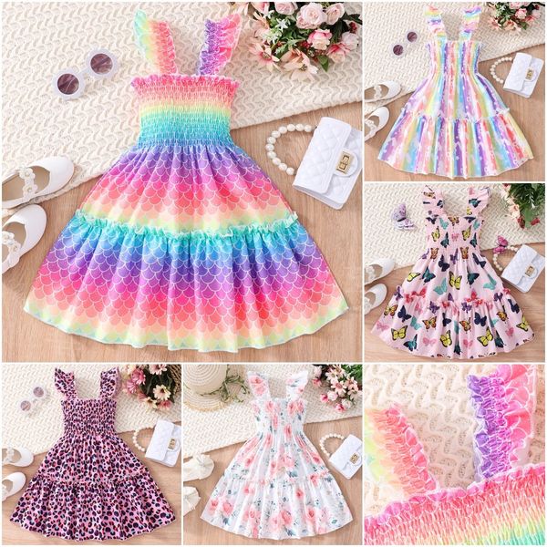 2024 Sommerkleid Kinder Mädchen Kleidung Meerjungfrau Schmetterling Regenbogen Kurzarm Geburtstagsfeier Baby Girls Kleider 1 2 3 4 5 6 7 Jahre 240428