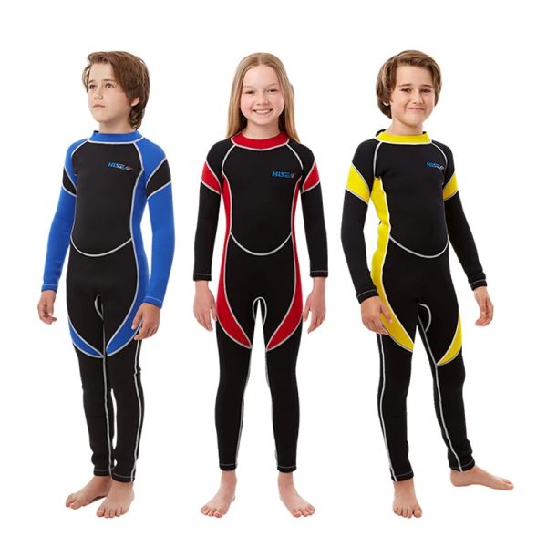 Ternos hisea 2,5 mm neoprene fitas de mergulho infantil roupas de banho de mergulho mangas compridas meninos meninos surfando crianças snorkel para crianças.