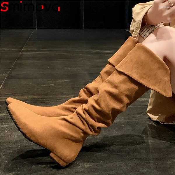 Stiefel Smirnova 2024 Kinder Wildleder Leder über den Knie Damen Reißverschluss Falten Square Toe Low Heels Herbst