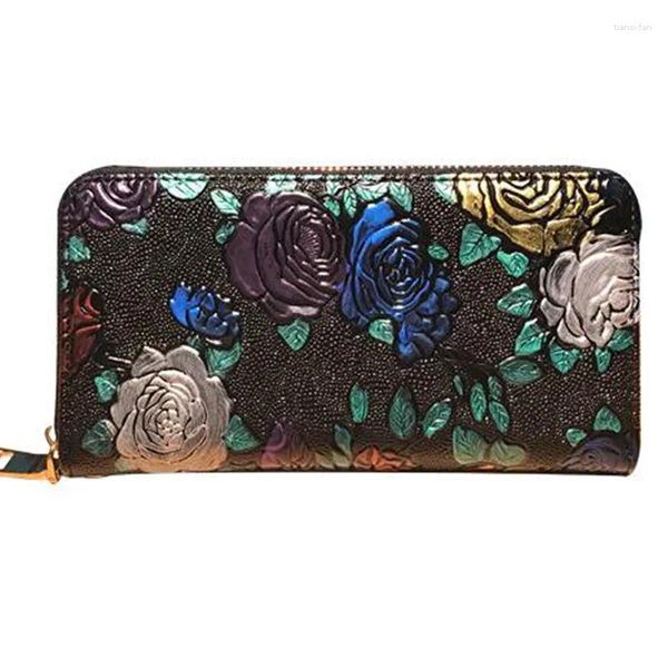 Umhängetaschen Frauen Langes Geldbeutel echtes Leder 3D Präge Rose Dragonfly Schmetterling Kupplungsbeutel Große Fähigkeit Reißverschluss Luxus -Hängebags