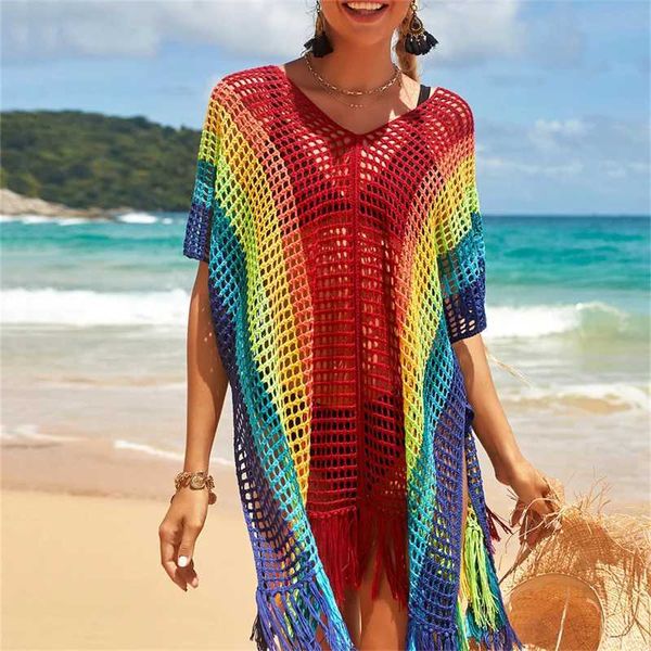 Women Beach Use Sexy Hollow Out Color Beach Dress Women V Neck Slve Slve Crochet Tassel Tassel Sapi -maiô LOADO CABILIDADE DE VESTIDOS FEMANHO FEMANHO