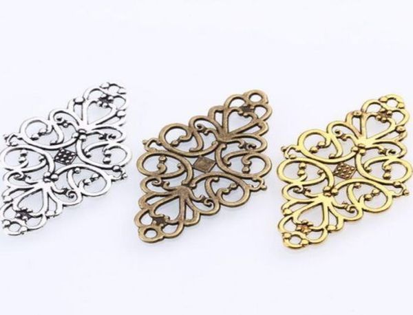 100pcslot Antique Silver Hollow Filigree Flower Connector Charms Pingente para jóias de pulseira DIY Fazendo 41x24mm9539881