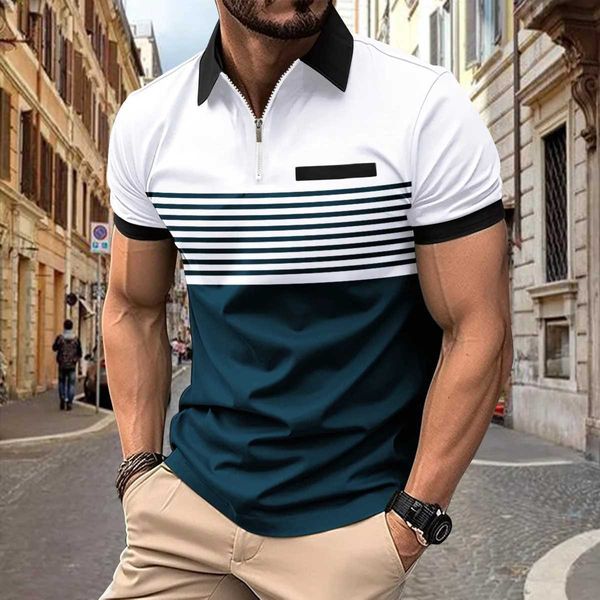 Herren Polos 2024 Sommer -Instant Polo -Hemd mit Revers Zip -Herren gedruckt gestreifter Sport High Strt Atmungsaktives Polo -Hemd T240506