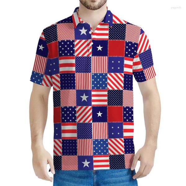 Polos masculinos American Flag Padrão Camisa Polo Men Fashion Summer 3D Impresso EUA Camisetas Camisetas Infantil Botão Camisetas de lapela de rua curtas de rua
