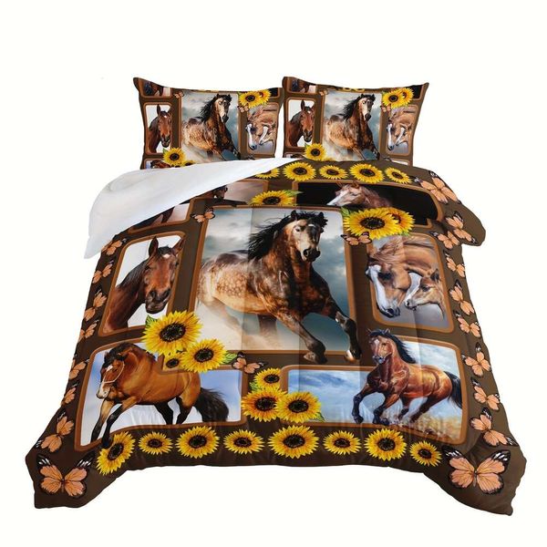 Duvet Cover 3PCS Mode Set, Western Bettwäsche-Set mit braunem Pferd-Druck, weicher und komfortabler hautfreundlicher Schlafzimmer-Quilt, Gästezimmer (1 Quilt + 2 * Kissenbezug,