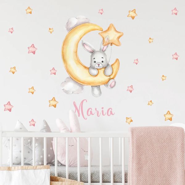 Adesivi cartone animato orso luna stelle nuvole personalizzate personalizzate nome acquerello asilo nido per parete per parete in vinile decalcomanie murali per bambini decorazioni per la casa