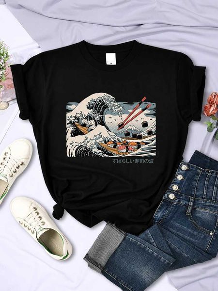 Женская футболка Great Sushi Wave Printed Женская футболка Fashion Ship Fort Top Multi Color Summer Short Ridef