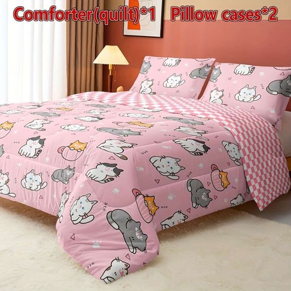 Copertura piumone 3 pezzi set di gatti kawaii rosa, deliziosa trapunta di pattern con gatti con 1 concorrente 2 federe, per la camera da letto per ragazzi e ragazze, set da letto per tutta la stagione