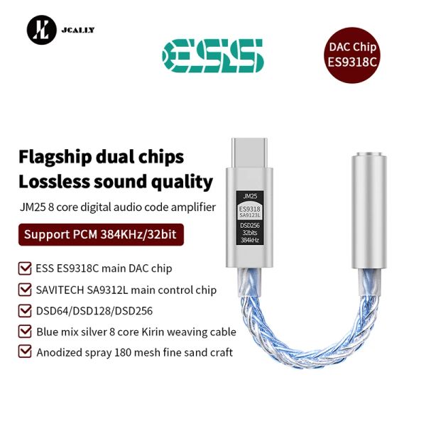 Усилитель ES9318C DSD256 SA9312L USB Portable DAC JCALLY 3,5 мм Audio Audio Audio Adapter Adapter PCM 32 -битный/384 кГц усилитель наушников.