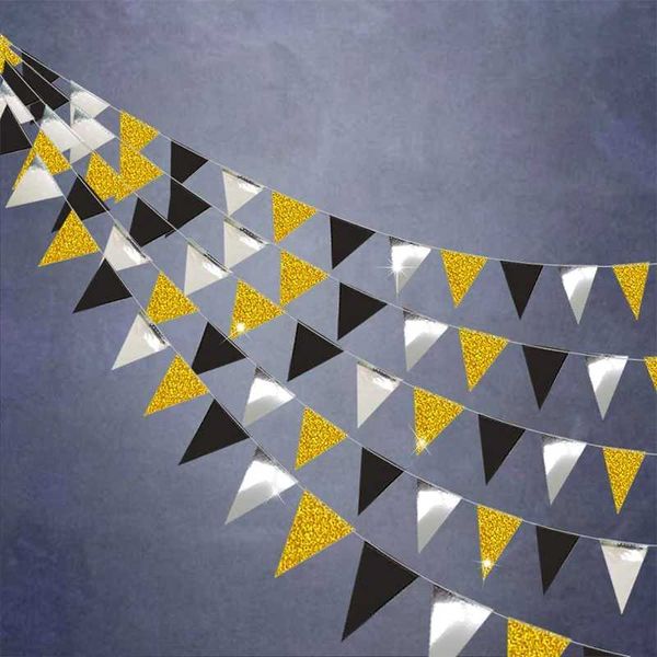 Bannerflaggen schwarz Gold Silber Pennant Banner Papier Dot Star Dreieck Flaggen Bunting Garland Streamer Weihnachtsfeiertag Neujahrsfeierndekorationen