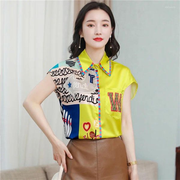 Blusas femininas de manga curta Office casual Lady Chiffon Silk Silk Tops Tops Japão Camisa de Blusa do estilo coreano 2024 para mulheres moda feminina