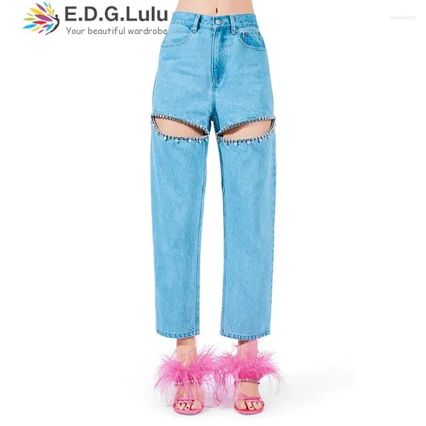 Jeans femminile Edglulu Fashion High Waist Design con pantaloni di denim ritagliato e intarsio Diamond Donne 2024 Cowboy Vaqueros Mujer 0401