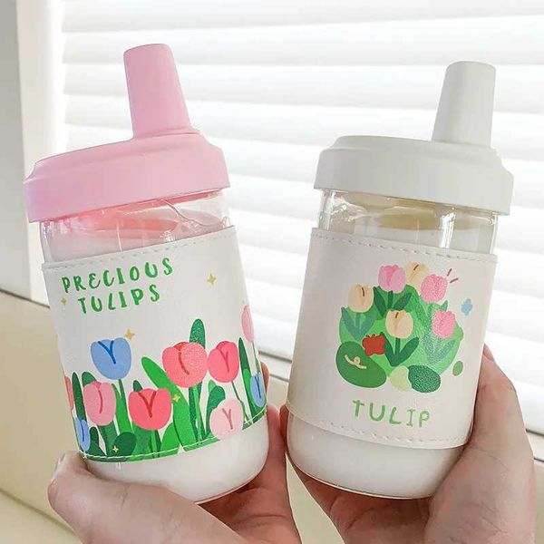 Tumblers 500ml/850ml Cam Kupa Kapak ve Saman Şeffaf Su Şişesi Kabarcık Çay Süt Suyu İçme H240506