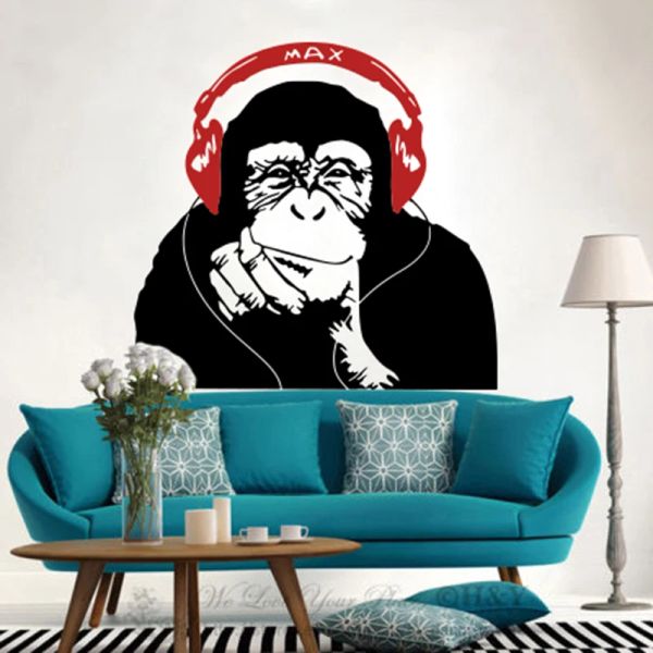 Aufkleber Banksy Gorilla Affen Kopfhörer Musik Wand Aufkleber Wohnzimmer Kinderzimmer Cartoon Graffiti Schimpanse Hören Sie Kopfhörer Wandtaste