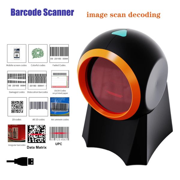 Scanners 2D Scanner de código de barras Omnidirecional Desktop Automático 1D 2D Código QR Matriz de dados PDF417 Código de barras Reader USB para supermercado de varejo