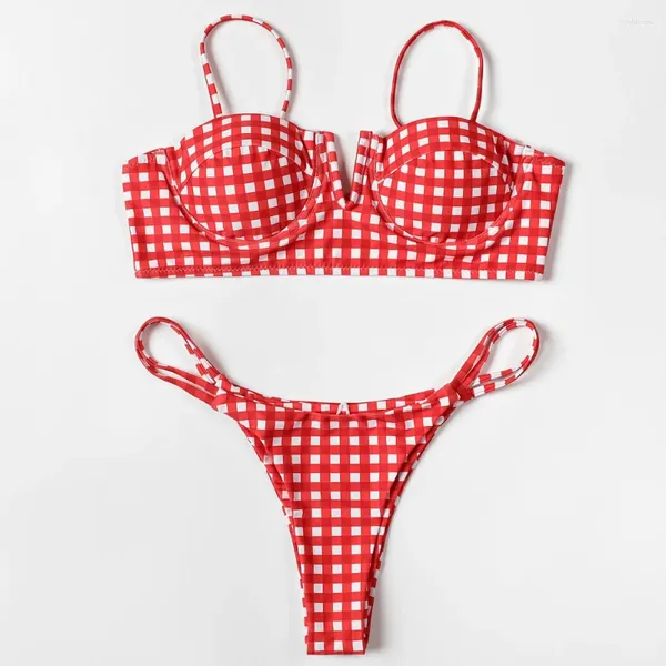 Swimwear femminile 2024 Plaid rosso sottoposto a bikini sexy Bikini imbottito Push up 2 pezzi da bagno in costume da bagno abiti da bagno abita da bagno Biquini brasiliano