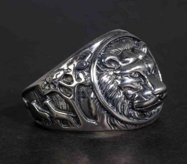 Anéis sólidos 925 Sterling Silver Mens Lion Ring vintage steampunk Retro Biker para homens árvores de veados de jóias masculinas gravadas 8498165