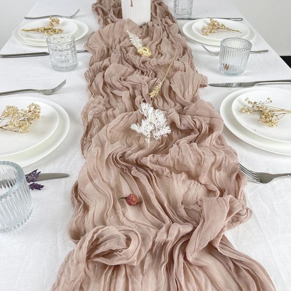 Hochzeit Pink Gaze Tisch Runner Halbiser Vintage Cheesecloth Einstellung Dining Party Weihnachten Bankette Arches Kuchendekor 240430