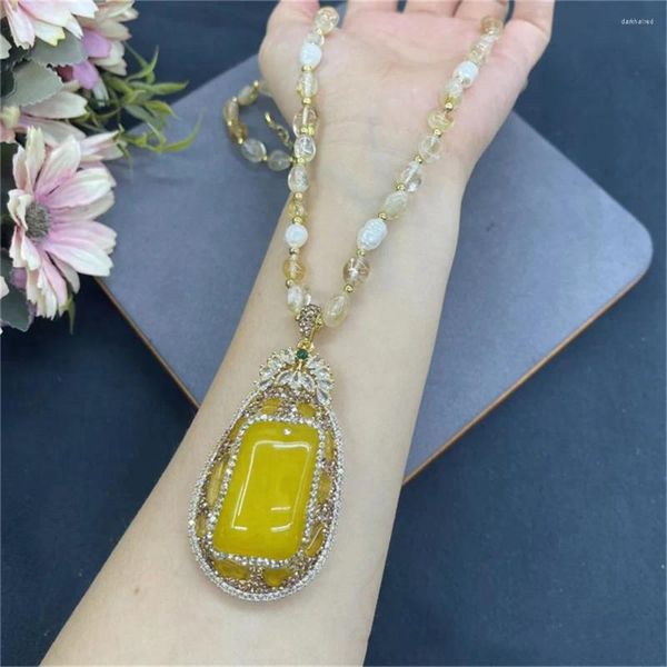 Anhänger Halsketten Luxus zweite Edelschläger Bernwachs Lange Halskette natürliche gelbe Kristallperlen Standkette für Frauen Party Hochzeit