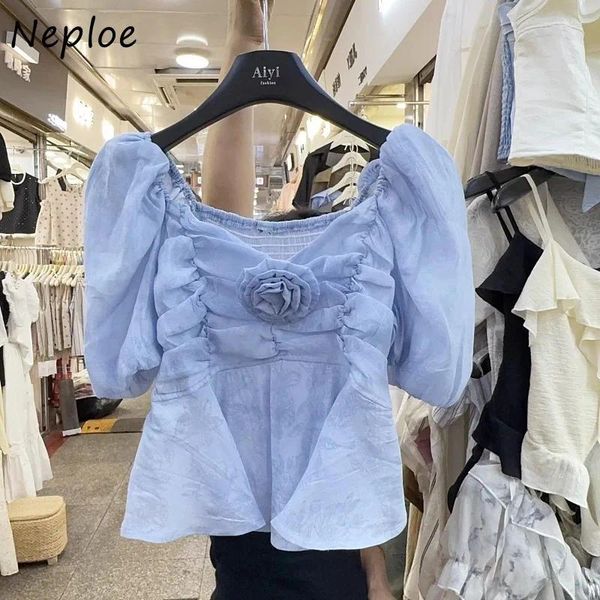 Blouses feminina Neporação 2024 Verão Rouched Flor Fashion Squas Camisetas Mulheres Y2K Puff Slave Blusas branca de Mujer