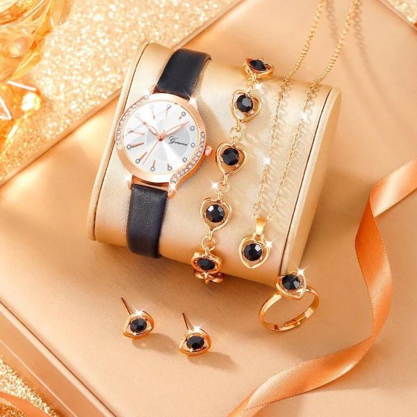 Нарученные часы 6pcs Ladies Fashion Simple Designer Star Digital Ownestone Кожаный кварцевый Quartz Watch Full Diamond Notes Set