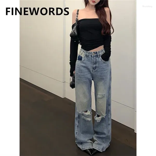 Jeans femminile fiords vintage high street foro strappato da donna lavato in vita largo gamby mom coreano casual coreano