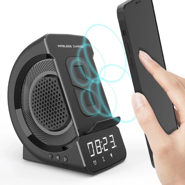 Uhren drahtlose Lade -Telefonhalter mit Bluetooth -Lautsprecher, Wecker, Musikplayer, digitalem Display, Smart Charger -Steher