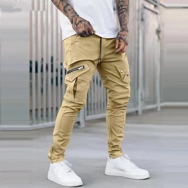 Calça de bolso lateral de bolso zíper preto cinza cáqui hip hop masculino casual masculino calça calça moda streetwear pantalones hombre