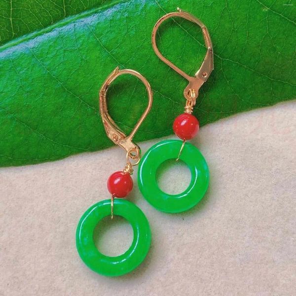 Dangle Ohrringe 13mm Fashion Natural Green Jade Ring Rote Korallenperlen Gold Party Ohrmanschette Unisex Silber Clip-on Women Jubiläum