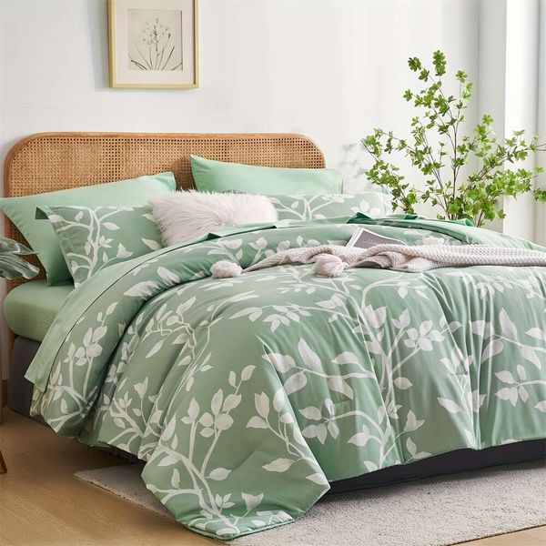 Duvet Cover 7pcs Grüne Blumenmuster -Tröster -Set (1*Tröster 1*Flach 1*STPAYTED -Blatt + 4*Kissenbezug ohne Füllstoff), atmungsaktives, weiches und bequemes Bettwäsche,