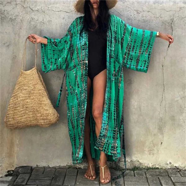 Женская пляжная одежда 2021 Сексуальные прикрытия бикини Boho Printed Brigted Long Kimono Carfigan Tunic Women Beach Wear Wear Sup Sutpt Prope Rubing Y240504