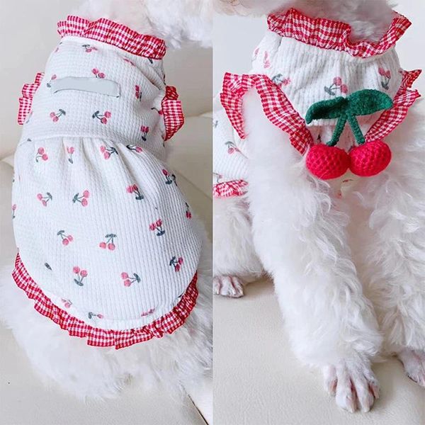 Vestido de cachorro de vestido de cereja de verão fofo vestido de roupa de estimação para cães roupas gatos pequenos estampas brancas de moda chihuahua