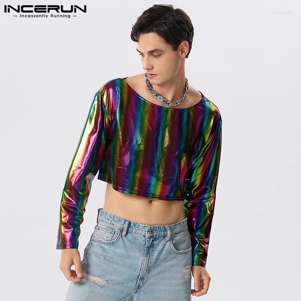 Herren T-Shirts Incerun Cropped Tops 2024 American Style Men Stylish Flash Stoff T-Shirts Casual gut sitzend lang Ärmeln Camiseta