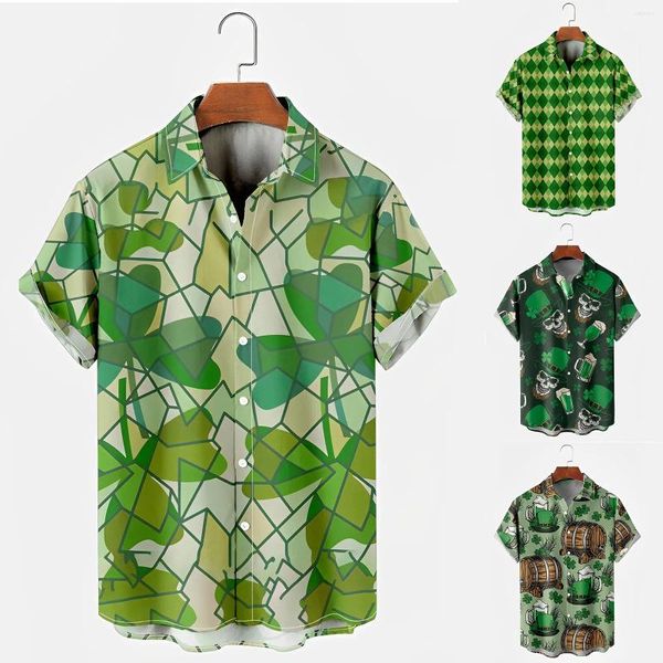 Camisas casuais masculinas St-Patrick 3D Men Moda Moda Carnaval Camisa de Manga Curta Praia de Blusa de Blusa de peito único