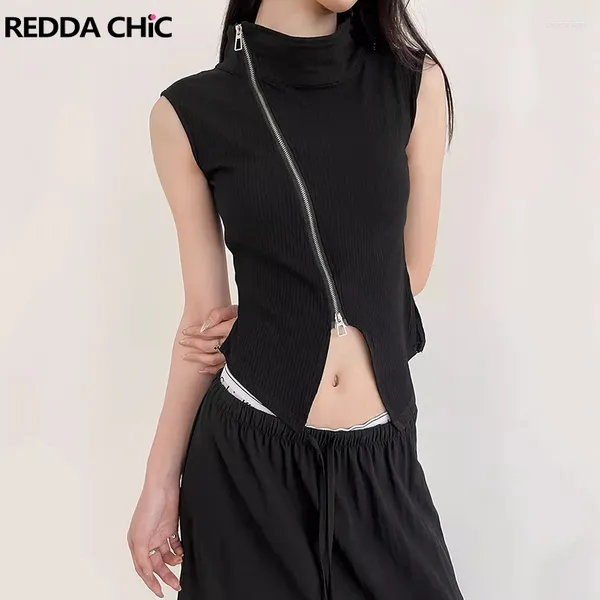 Женские танки Reddachic Grunge Y2K Women Women Turtleneck Vest Black Solid нерегулярный расколотый на молнии ребра