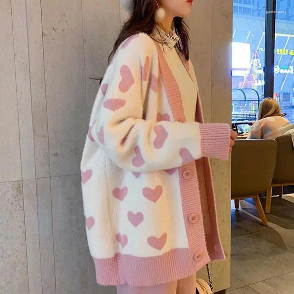 Damen Strick Frühling und Herbst Lose Pullover übergroße Jacke rosa gestrickte Strickjacke Liebe Frauen Kleidung Kawaii Kleidung Tops