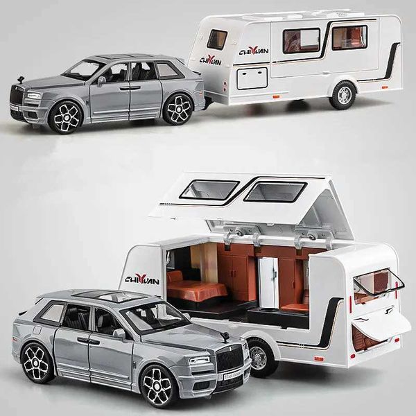 Modelo Diecast Cars 1/32 Trailer de liga de liga RV Modelo de caminhão Die Cast Metal Entertainment Off-Road Vehicing Vehicing Model Som and Light Childrens Toy Giftsl2405