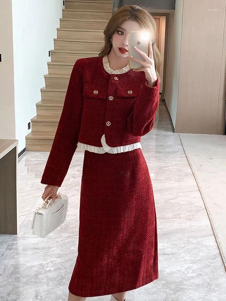 Vestidos de trabalho Autumn Two Piece Conjunto de mulheres pequenas fragrâncias elegantes tweed babados de jaqueta curta Cantura alta das saias de lápis Terno da moda