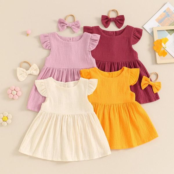 Mädchenkleider Fokusnorm 4 Farben Schöne Baby Mädchen Sommerkleid 0-4y Rüschen Ärmel Massive Knie Länge A-Linie mit Stirnband-Set