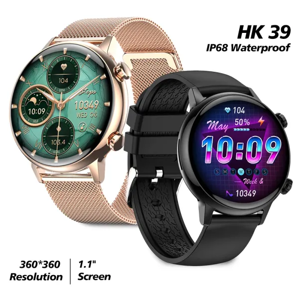Relógios NFC Access Ultra Thin 1.1 polegadas AMOLED SCREEN HK39 Smart Watch Sports Sports Imperpermeecidos Ciclo feminino Bt Call SmartWatch para iOS Android