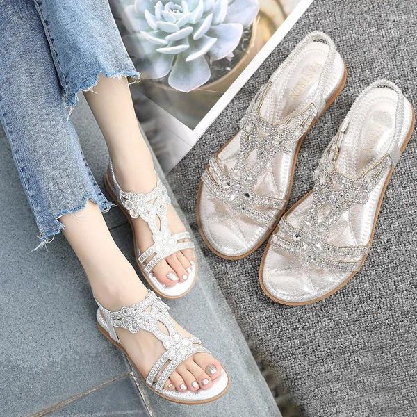 Scarpe casual Donne Flat Rhinestone Sandals Bohémien 2024 Summer non slip Beadelastic tacchi bassi sandalie romane mujer