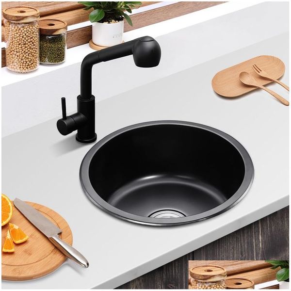 Küchenspüle Waschbecken schwarzer Nano-Kreis-Mini kleiner einzelner Tank 304 Edelstahlbad Badezimmer Unterscheidung Becken Hauszubehör Drop d Dh63x