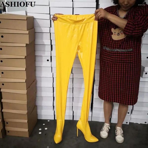 Stiefel Ashiofu 2024 Frauen High Heel Hosen-Stiefel Real-Pos Leder über Knie sexy Stripper Club Abendmodes Schuhe