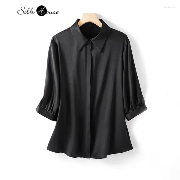 Frauenblusen 2024 Fashion Frühling/Sommer Schwarz Elastic Plain Crepe Satin Revers Professioneller Pendler Dreiviertelheime